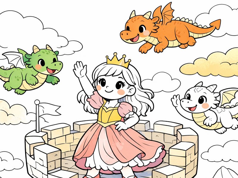 Coloring book cover art: a little princess on a castle tower commanding friendly dragons flying around her